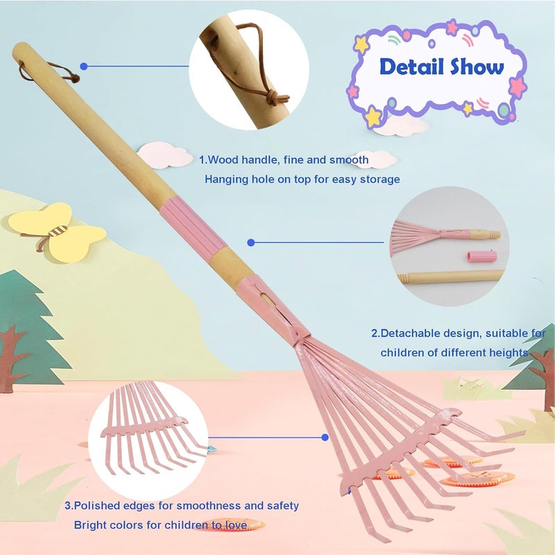 Xifando Kids Leaf Rake-Small Wooden Handle Leaf Rake with Metal Tines, 27inches /69cm Length, for Kids Enjoy Garden Cleaning Activities (Pink) - Image 2